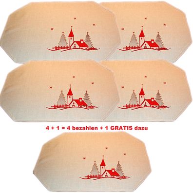 4 + 1 Platzdeckchen Weihnachten 35x50 Kirche Rot Tischläufer Weihnachtsdeckchen