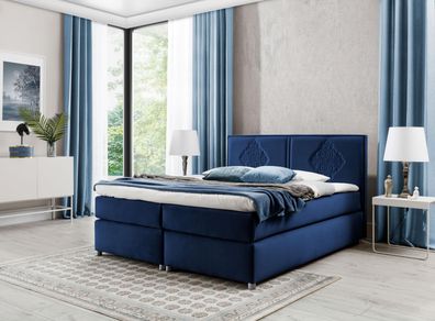 FURNIX Boxspringbett FOLKET 160x200 dekorativem Kopfteil Topper EV70849 Marineblau