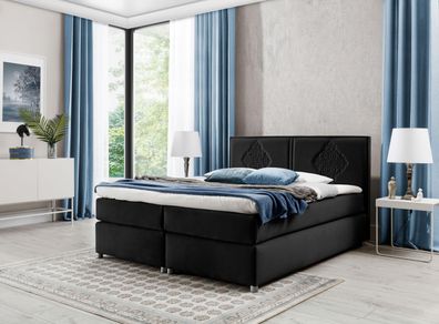 FURNIX Boxspringbett FOLKET 180x200 dekorativem Kopfteil Topper EV70817 Schwarz