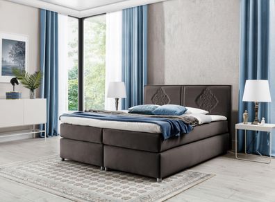 FURNIX Boxspringbett FOLKET 120x200 dekorativem Kopfteil Topper EV70899 Braun