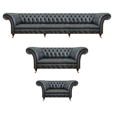 Wohnzimmer Set 3Tlg Leder 2X Sofas Schwarz Sessel Polstermöbel Chesterfield