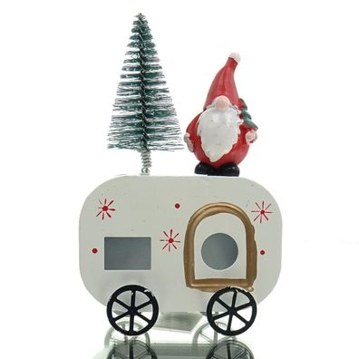 GASPER Weihnachtsdeko Wohnwagen mit Wichtel Weiß & Rot 15,5 cm - Metall & Poly