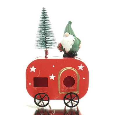 GASPER Weihnachtsdeko Wohnwagen mit Wichtel Rot & Grün 15,5 cm - Metall & Poly