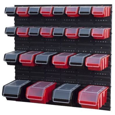 Stapelboxen Set 4 x Wandregal Lagersystem + 26 Boxen schwarz rot