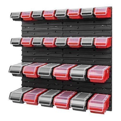 Stapelboxen Set 4 x Wandregal Lagersystem + 28 Boxen schwarz rot