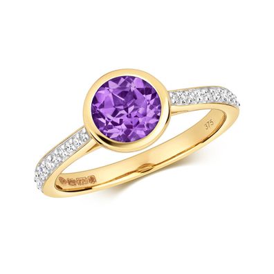 9 ct/Karat Gelb Gold Diamant Solitärring Brillant-Schliff 0.12 Karat mit Amethyst