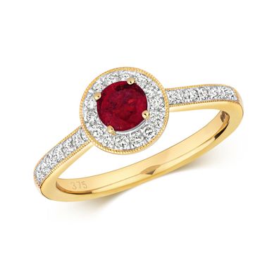 9 Karat (375) Gold Cluster Diamant Ring Brillant-Schliff 0.25 Karat HI - I1 mit Rubin