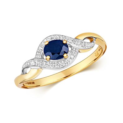 Stylischer 9 ct/Karat Gelb Gold Diamantring Brillant-Schliff H - PK mit Saphir