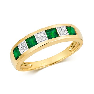 9 ct/Karat Gelb Gold Damen - Diamant Ring Brillant-Schliff 0.06 Karat mit Smaragd