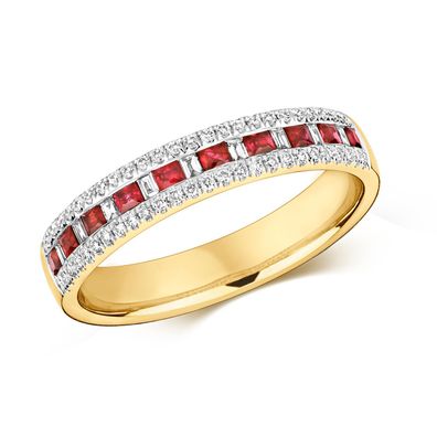 9 Karat (375) Gold Damen - Diamant Ring Baguette-Schliff 0.21 Karat HI - I1 mit Rubin