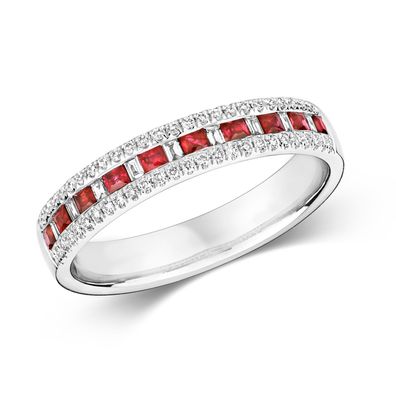 9 Karat (375) Weißgold Diamant Ring Baguette-Schliff 0.21 Karat HI - I1 mit Rubin