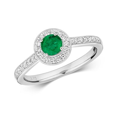 9 Karat (375) Weißgold Diamantring Brillant-Schliff 0.25 Karat HI - I1 mit Smaragd