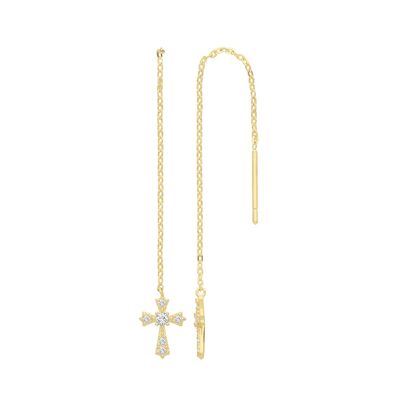 Stylische 9 ct/Karat Gelb Gold Kreuz Damen - Durchzieher Ohrringe mit Zirkonia