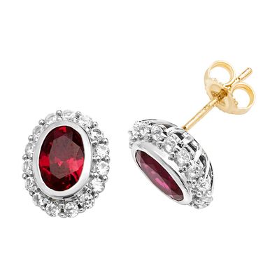 Wunderschöne 9 ct/Karat Gelb Gold Paar Ohrstecker mit Rubin (synth.), Saphir (synth.)
