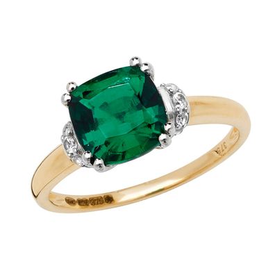 Wunderschöner 9 ct/Karat Gelb Gold Solitärring mit Smaragd (synth.), Saphir (synth.)
