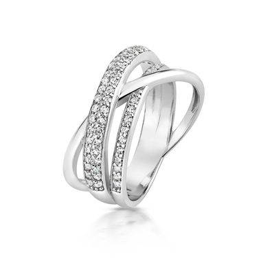 Stylischer 925 Sterling Silber Damen - Kreuz über Ring / Ring gekreuzt mit Zirkonia