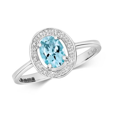 9 ct/Karat Weißgold Damen - Diamant Solitärring Brillant-Schliff H - PK mit Aquamarin