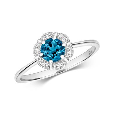 9 ct/Karat Weißgold Blume Diamantring Brillant-Schliff HI - I1 mit London - Blautopas