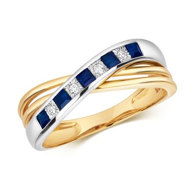 9 ct/Karat Weißgold/Gelb Gold Diamant Kreuz über Ring / Ring gekreuzt mit Saphir