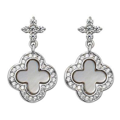 Edle 925 Sterling Silber Blume Damen - Paar Ohrringe mit Perlmutt, Zirkonia