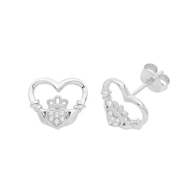 Stylische 925 Sterling Silber Herz Damen - Claddagh Ohrstecker mit Zirkonia