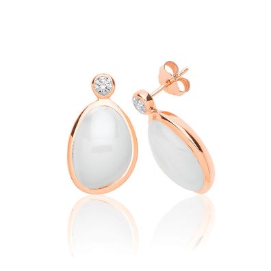 Stylische 925 Sterling Silber Damen - Paar Ohrstecker mit Mondstein, Zirkonia