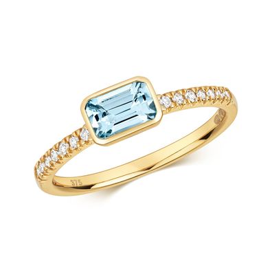 9 ct/Karat Gelb Gold Diamant Solitärring Brillant-Schliff 0.10 Karat mit Aquamarin