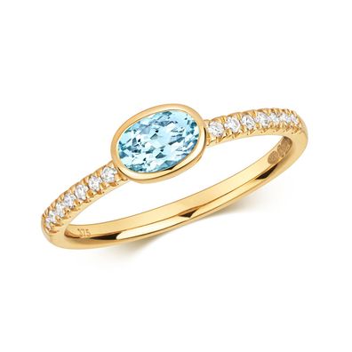 9 ct/Karat Gelb Gold Diamant Solitärring Brillant-Schliff 0.10 Karat mit Aquamarin