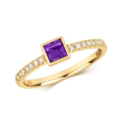 9 ct/Karat Gelb Gold Diamant Solitärring Brillant-Schliff 0.10 Karat mit Amethyst