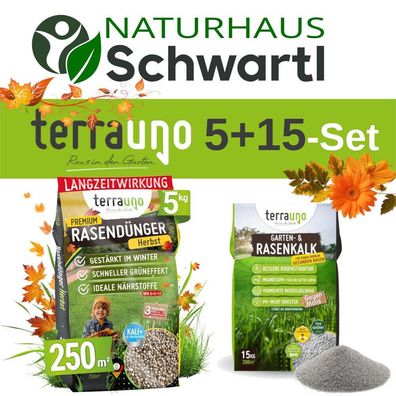 TerraUno Premium Herbstdünger Rasendünger und Rasenkalk 5Kg + 15Kg