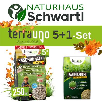 TerraUno Premium Herbstdünger Rasendünger und Rasensamen 5kg + 1kg