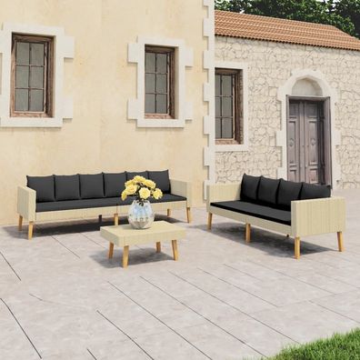 vidaXL 3-tlg. Garten-Lounge-Set mit Auflagen Poly Rattan Beige