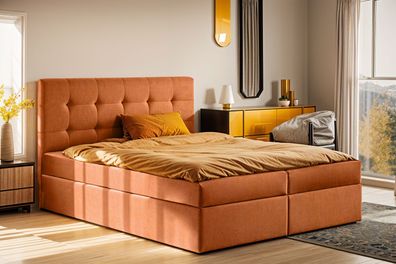 Boxspringbett mit matratze und bettkasten, Schlafbett LUDANO 200x200 cm Orange