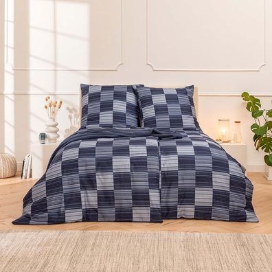 Estella Mako-Satin Bettwäsche 155x220 Delian navy Karo blau silber 7948-655 #1