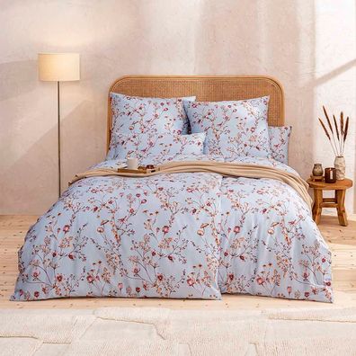 Estella Schweizer Premium Satin Bettwäsche 135x200 Amanda bleu Gräser 2172-630