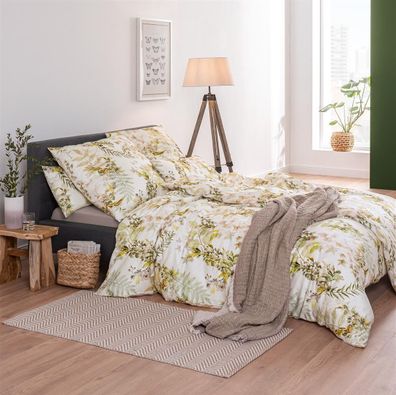 Estella Mako-Satin Bettwäsche 155x220 Evia Blüten Farn Blätter reseda 7498-550