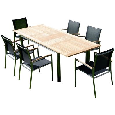 Gartengarnitur Edelstahl Teak Ausziehtisch 160/220x90 cm + 6 Sessel Batyline