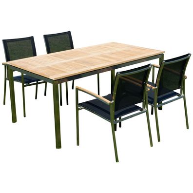 Gartengarnitur Edelstahl Teak Tisch 160x90 cm + 4 Sessel Batyline KUBA-SCHWARZ