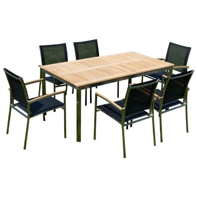 Gartengarnitur Edelstahl Teak Tisch 160x90 cm + 6 Sessel Batyline KUBA-SCHWARZ