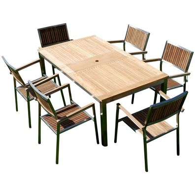 Gartengarnitur Edelstahl Teak Ausziehtisch 160/220 x 90 cm + 6 Teak Sessel KUBA