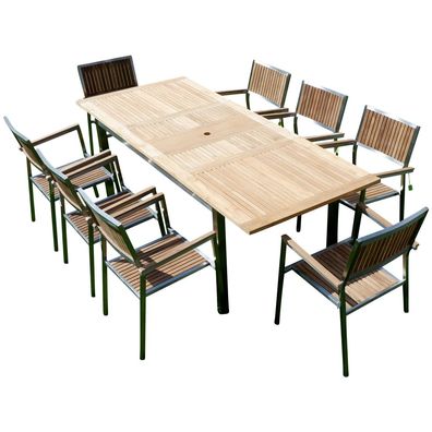 Gartengarnitur Edelstahl Teak Ausziehtisch 160-220x90cm + 8 Sessel stapelbar KUBA