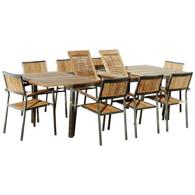 Gartengarnitur Edelstahl Teak Set: Auszeihtisch 200-280x100 cm + 8 Teak Sessel