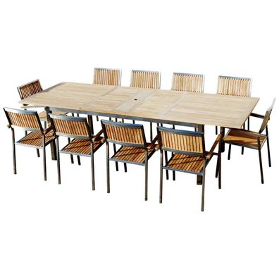 Gartengarnitur Edelstahl Teak Set: Ausziehtisch 200-280x100 cm + 10 Teak Sessel