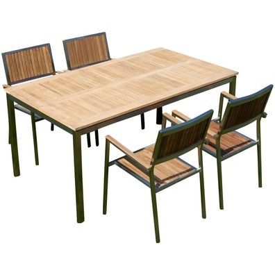 Gartengarnitur Edelstahl Teak Set: Tisch 160x90 cm + 4 Teak Sessel Serie KUBA