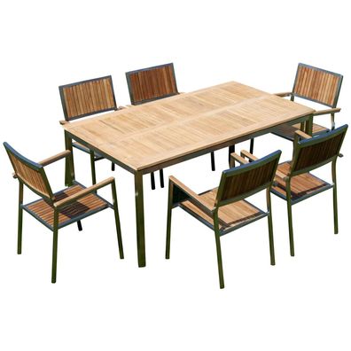 Gartengarnitur Edelstahl Teak Set: Tisch 160x90 cm + 6 Teak Sessel Serie KUBA