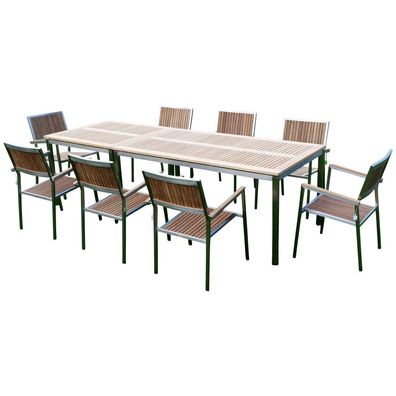 Gartengarnitur Edelstahl Teak Set: Tisch 160x90cm + 90x90cm + 8 Teak Sessel KUBA