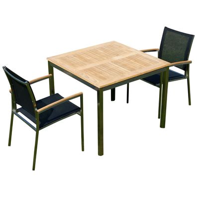 Gartengarnitur Edelstahl Teak Tisch 90x90 cm + 2 Sessel Batyline KUBA-SCHWARZ