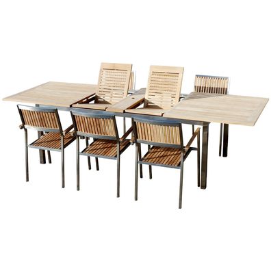 Gartengarnitur Edelstahl Teak Set: Ausziehtisch 200-280x100 cm + 6 Teak Sessel