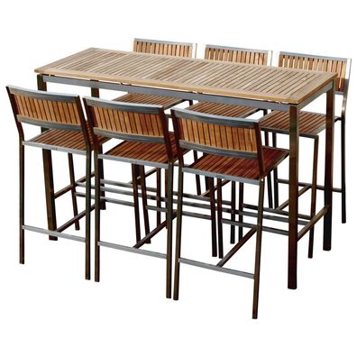 ALEOS. BAR-SET Bartisch 160x60cm mit 6x Barhocker MEXIKO Edelstahl A-Grade TEAK