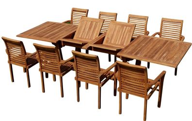 TEAK SET: Gartengarnitur Tobago Tisch 200/250/300cm x 100cm + 8 Alpen Sessel JAV